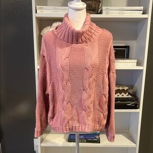 Chunky Cable Knit Pink Turtleneck Sweater